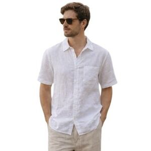 100% Linen White Button Up Short Sleeve Shirt S Coastal Minimalist Euro Summer
